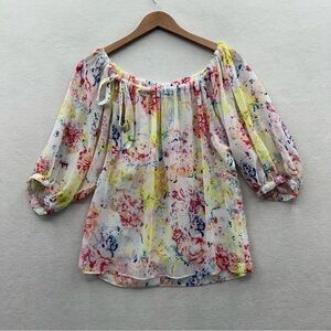 Cabi Women’s XS Sheer White Floral Blouse Drawstring Tie Neckline Lightweight